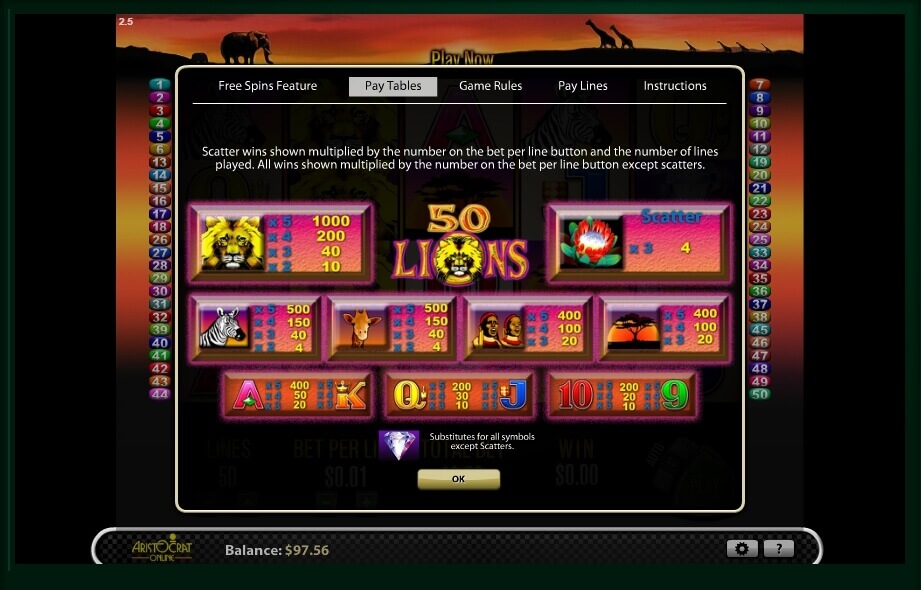 Free Games у 50 Lions з Diamond Wild на барабанах 2-5.