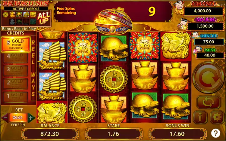 Раунд Free Games у 88 Fortunes із золотими символами та лічильником безкоштовних обертань.