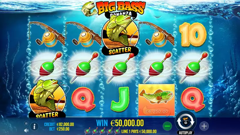 Виграшна комбінація в оригінальній Big Bass Bonanza серед рибальських символів і карткових значень.