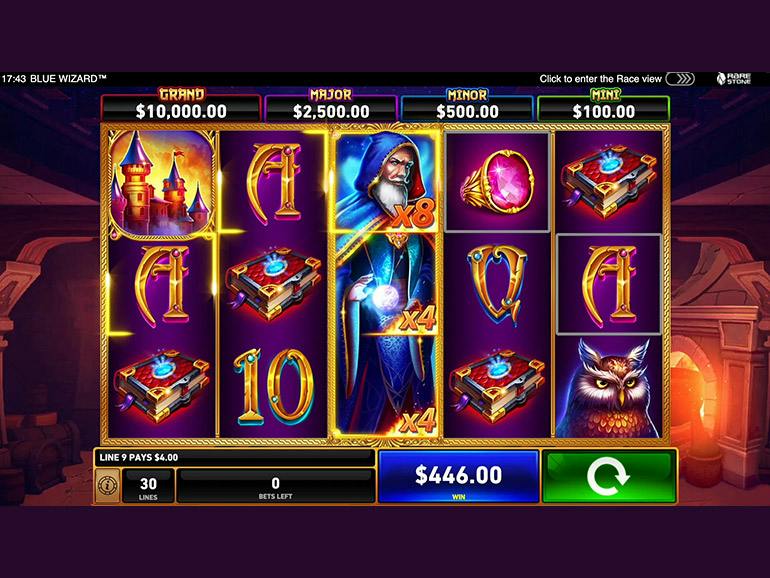 Blue Wizard із Crystal Balls у режимі Fire Blaze Hold & Respin.