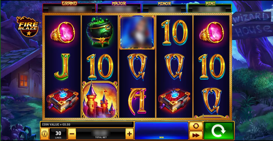 Базова гра Blue Wizard: барабани 5 × 3, магічні символи та чотири рівні Fire Blaze jackpot.