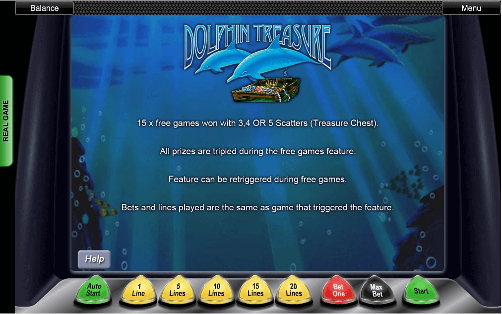 15 Free Games у Dolphin Treasure з множником 3× на всі виплати.
