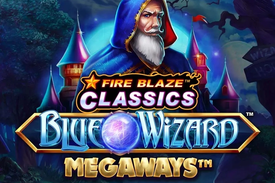 Blue Wizard Megaways зі змінною висотою барабанів і верхнім горизонтальним reel.