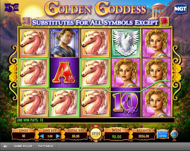Ігрове поле Golden Goddess з 40 лініями та великими стеками символів.