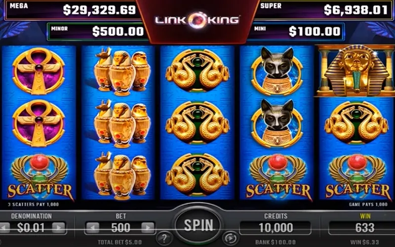 Інтерфейс Link King: Gods Land із полем 5 × 3 та тематичними символами.
