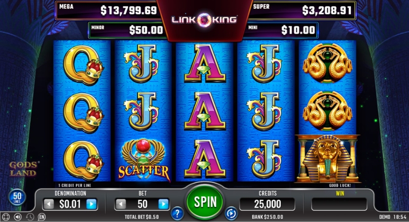 Gods Land у системі Link King: символи на барабанах, Scatter та прогресивні рівні jackpot.