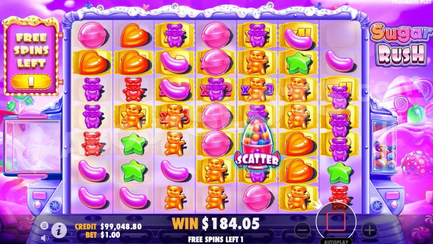 Обкладинка Sugar Rush від Pragmatic Play із кольоровими цукерками.