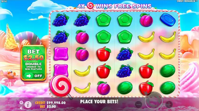 Базова гра Sweet Bonanza з льодяником Scatter, фруктами та основним полем 6 × 5.