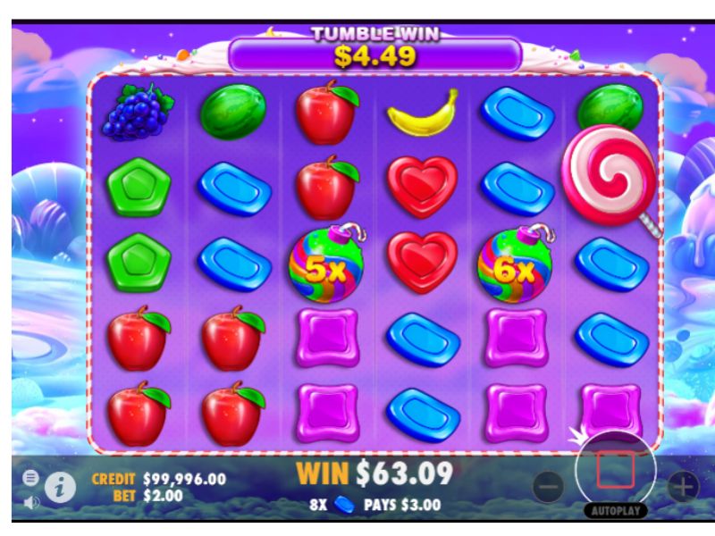 Sweet Bonanza під час Tumble: поле 6 × 5 із фруктами та бомбою-множником у виграшній послідовності.