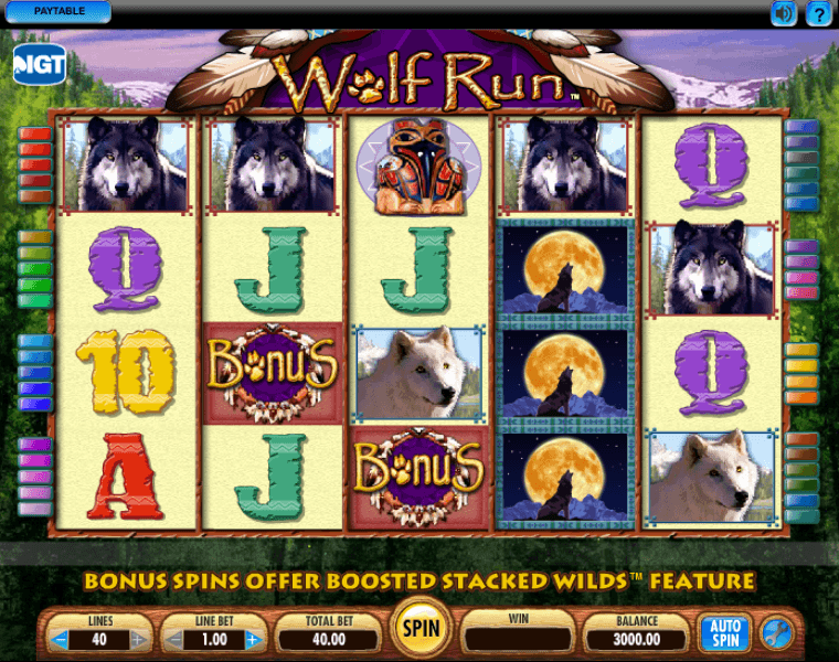 Wolf Run на 40 ліній із символами вовків, тотемів, місяця та Bonus.