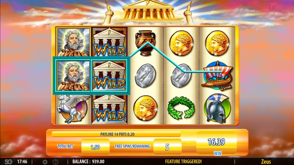 Zeus від WMS під час Free Spins зі спеціальними символами та виграшною лінією.