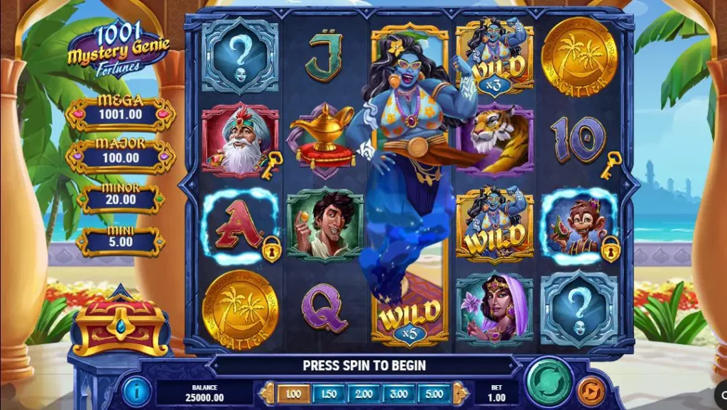 Ігрове поле 1001 Mystery Genie Fortunes із джином та показниками джекпотів