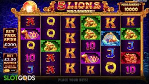 Ігрове поле 5 Lions Megaways з азійськими символами та барабанами Megaways