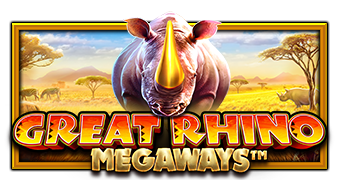 Ігрове поле Great Rhino Megaways від Pragmatic Play з носорогами та каскадами