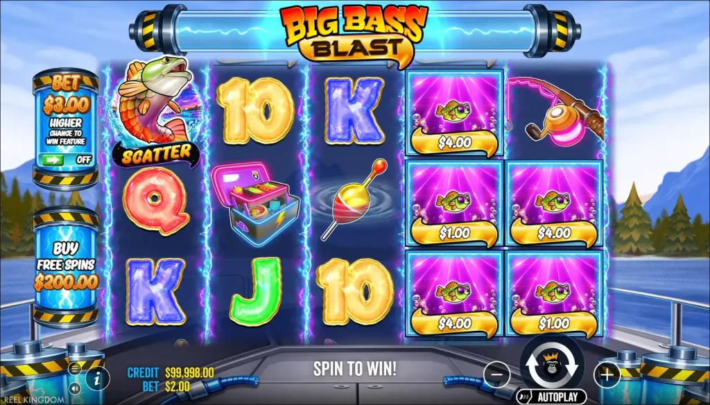 Кадр Big Bass Blast з грошовими символами риб на полі п’ять на три