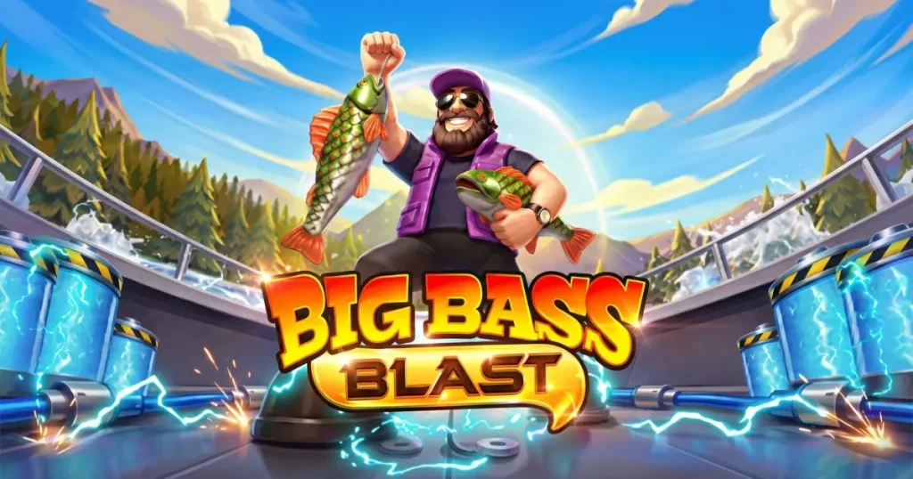 Тематична обкладинка Big Bass Blast з рибалкою й назвою гри