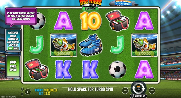 Big Bass Football Bonanza: футбольне поле 5 на 3 із рибками та бутсами