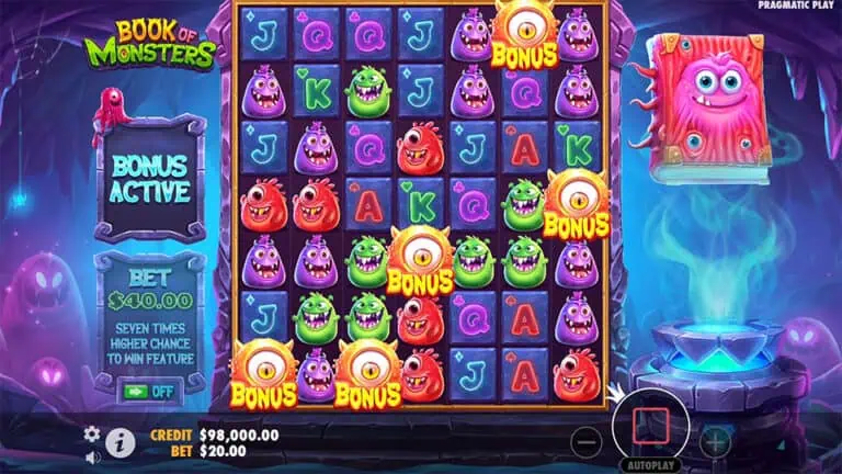 Знімок A massive 5x5 Fat Symbol appearing in Book of Monsters slot, covering multiple reels.