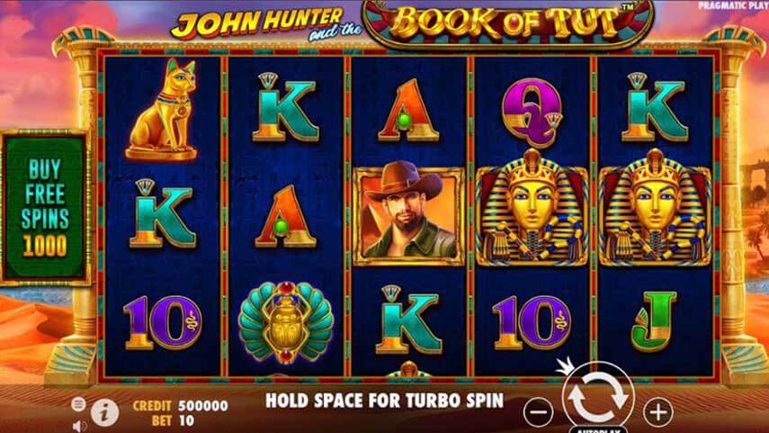 Ігрове поле Book of Tut Megaways з шістьма барабанами та символами Стародавнього Єгипту