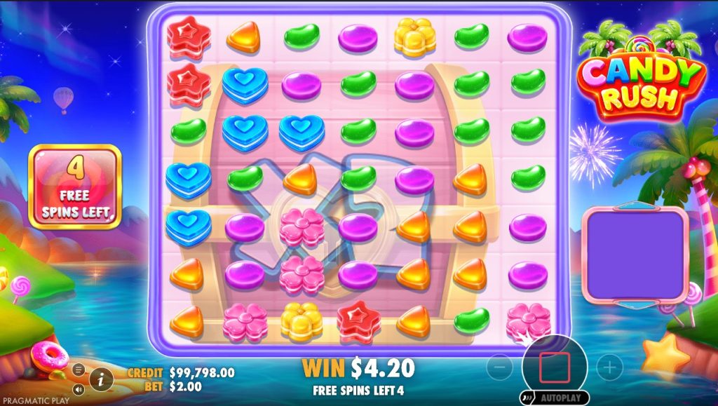 Бонус Candy Rush з цукерками та лічильником доступних Free Spins