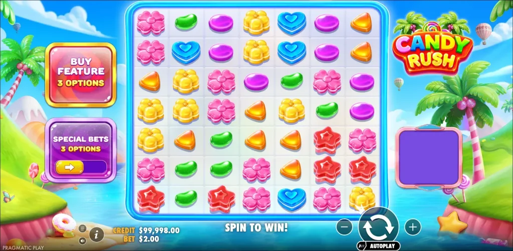 Кластерні виграші Candy Rush на кольоровому полі з цукерками