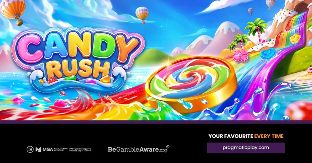 Заставка Candy Rush із веселковими цукерками та офіційним логотипом