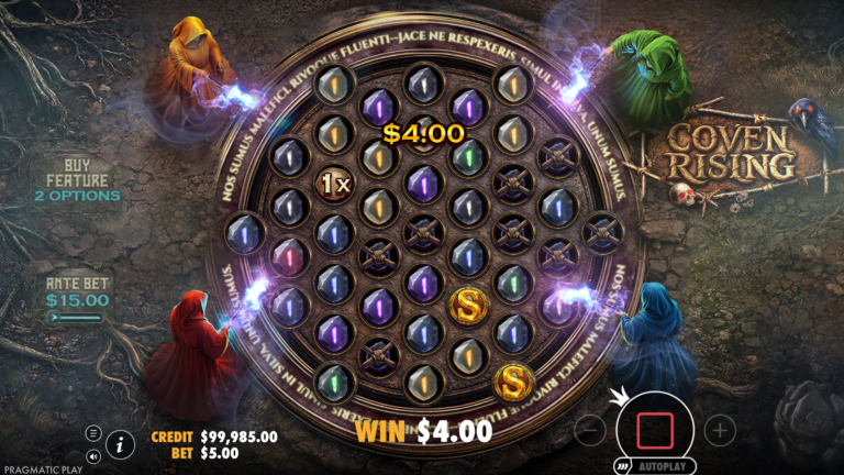 Знімок Coven Rising base game showing the irregular nine-reel cluster pays grid