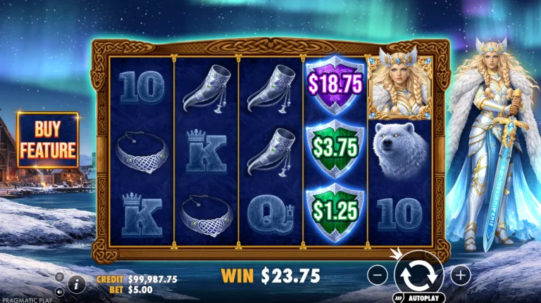 Знімок Freya 1000 base game showing 5x3 reel grid with Norse mythology symbols