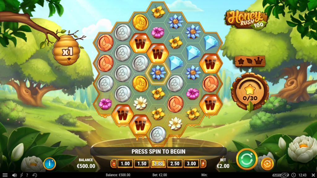 Honey Rush 100: ігрова сітка з квітами, кристалами та Wild