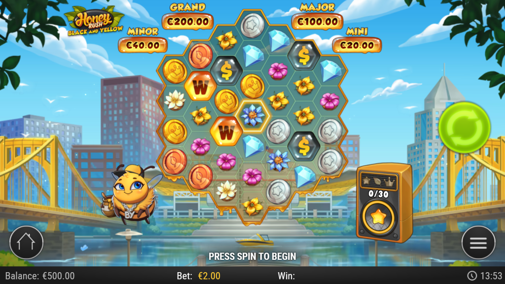 Honey Rush Black and Yellow: сітка сот із символами та шкалою Bee