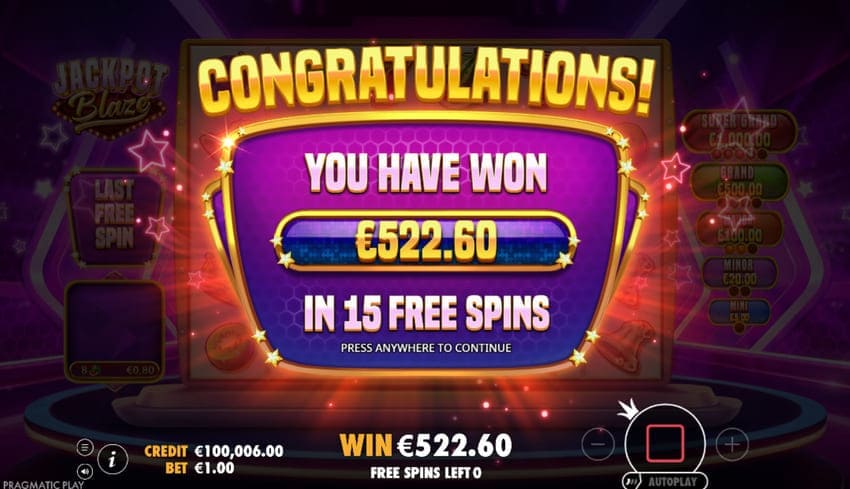 Екран завершення бонусу Jackpot Blaze у слоті Jackpot Blaze