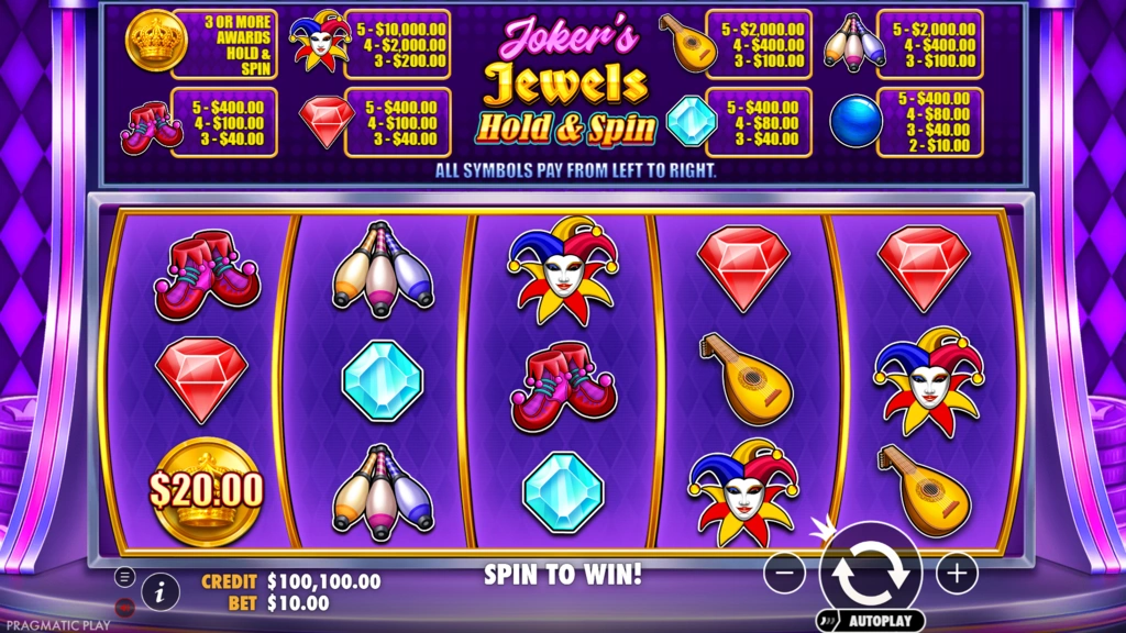 Базове поле Joker’s Jewels Hold & Spin із арлекіном у грі Joker’s Jewels Hold & Spin