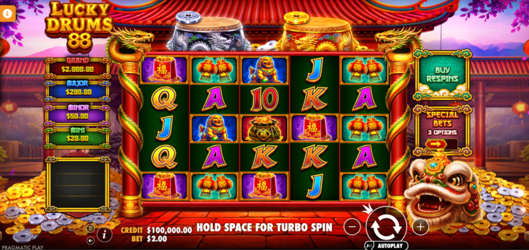Знімок Lucky Drums 88 base game screenshot showing the 5x5 grid with coins on the drums
