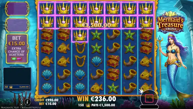 Екран Mermaid’s Treasure Trove із великим кластерним виграшем у слоті Mermaid’s Treasure Trove