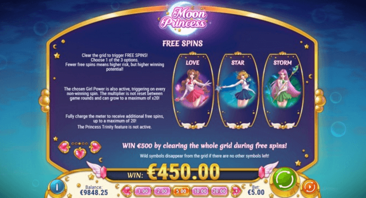 Екран Free Spins оригінальної Moon Princess