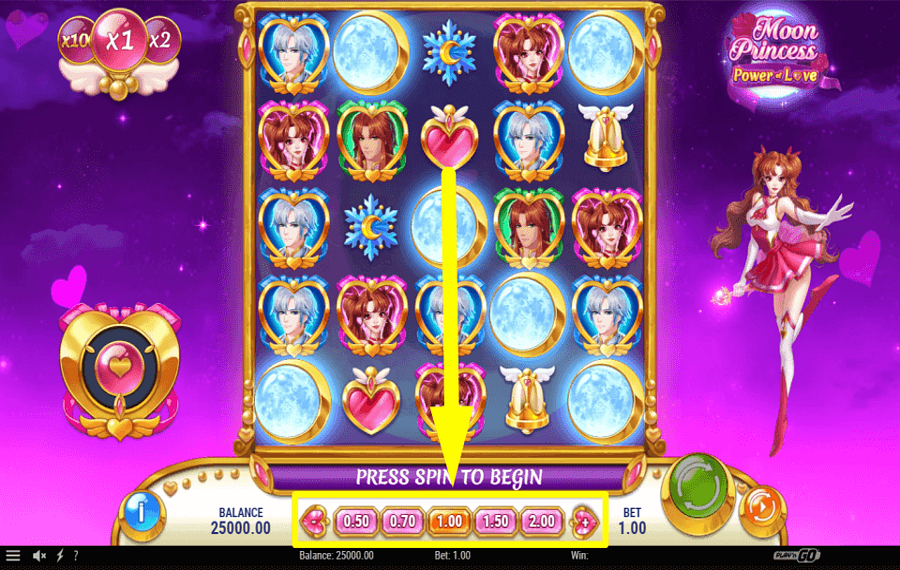 Геймплей автомата Moon Princess Power of Love з символами та полем