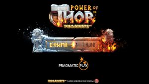 Заставка Power of Thor Megaways з логотипом гри і тематикою Тора