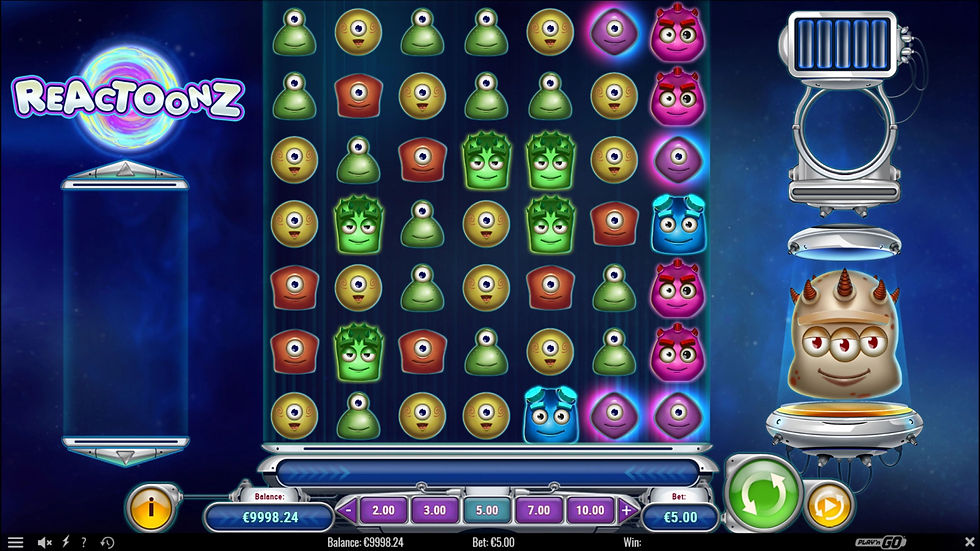 Ігрове поле Reactoonz 7 × 7 з кольоровими прибульцями та cluster pays