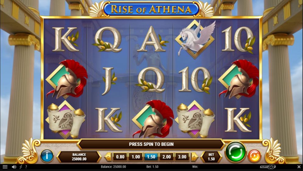 Ігровий екран Rise of Athena з барабанами та символами