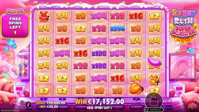 Знімок Free spins gameplay in Sugar Rush Super Scatter with active x64, x128, and x256 multipliers glowing 