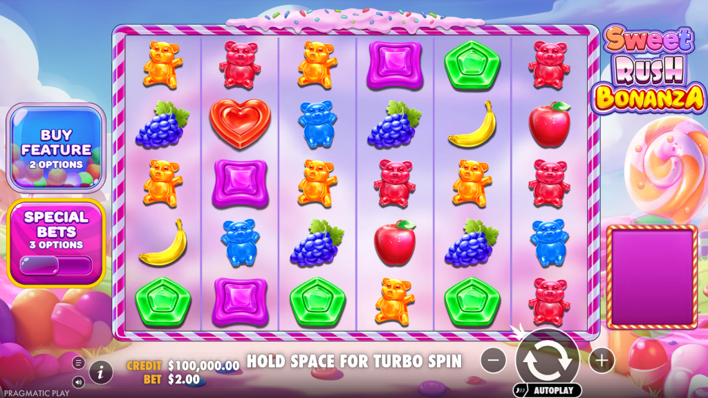 Sweet Rush Bonanza: шість колонок і п’ять рядів з цукерками та фруктами