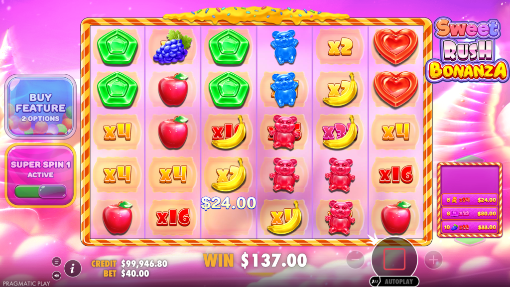 Sweet Rush Bonanza: виграш і позиції з множниками на полі