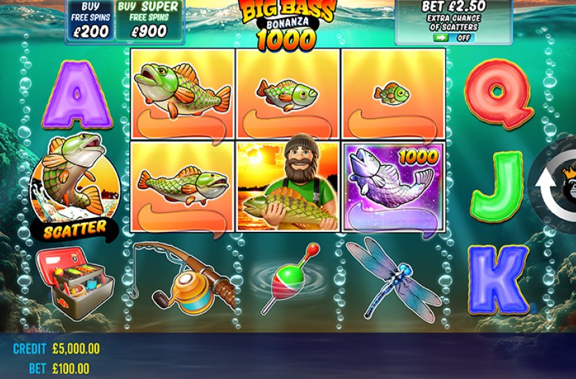 Ігрове поле Big Bass Bonanza 1000 з рибальськими символами