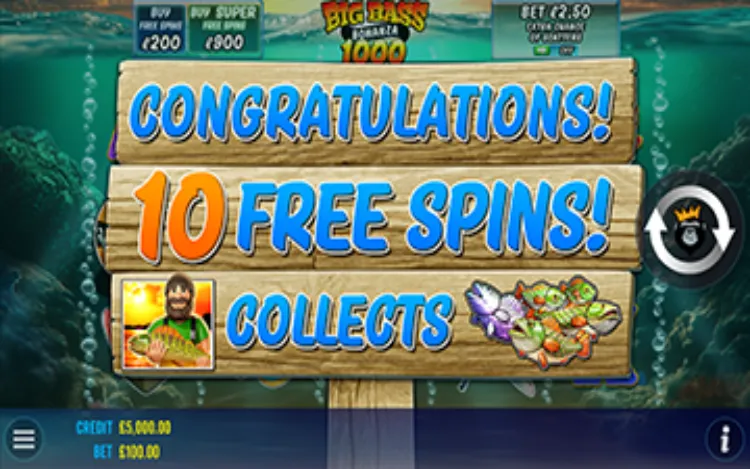 Екран Free Spins у Big Bass Bonanza 1000 з Fisherman Wild