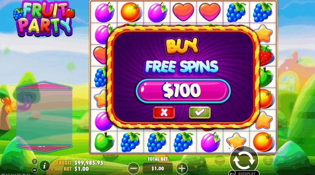 Fruit Party Pragmatic Play: меню купівлі Free Spins на полі 7 на 7
