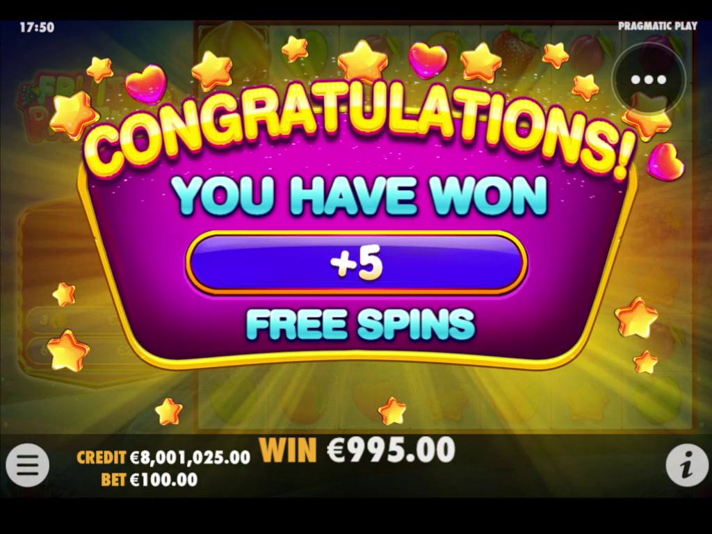 Fruit Party 2, бонусний екран із додатковими п’ятьма Free Spins.