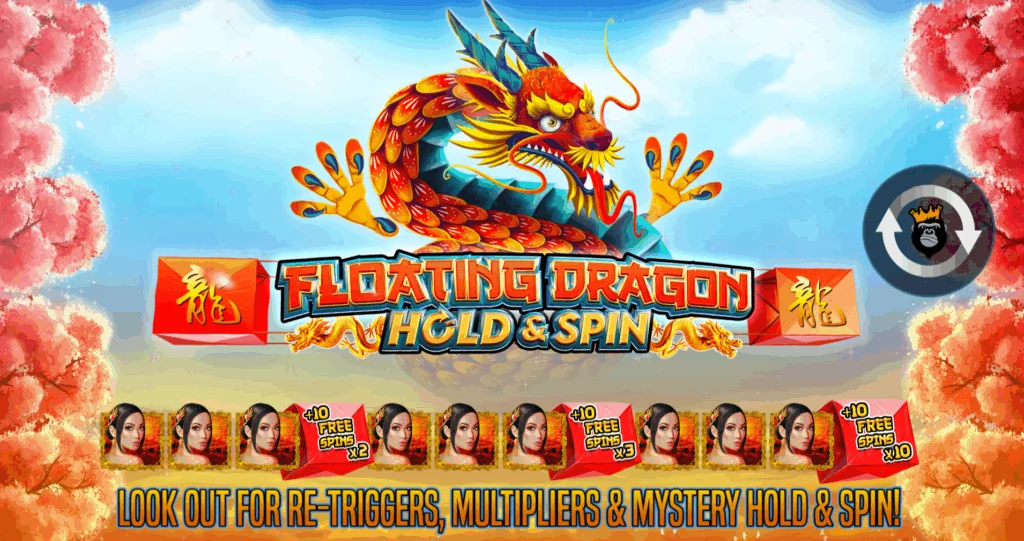 Floating Dragon Hold and Spin, логотип гри, дракон та бонусний лічильник.