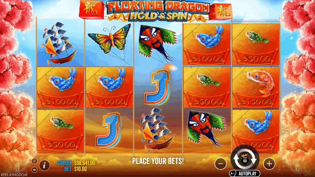 Floating Dragon, Money Fish із грошовими значеннями на барабанах.