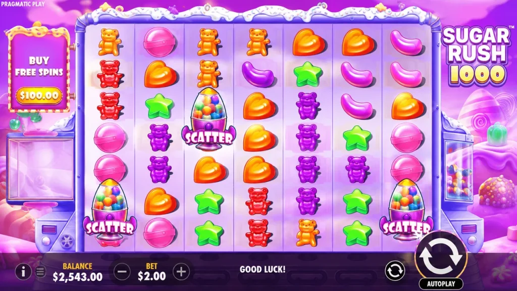 Базова гра Sugar Rush 1000 з цукерками і трьома Scatter