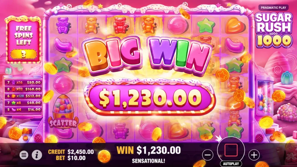 Екран великого виграшу Sugar Rush 1000 під час Free Spins